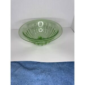 Vintage Green Uranium Glass Ribbed Footed Serving Bowl 9.5 Inch UV Reactive